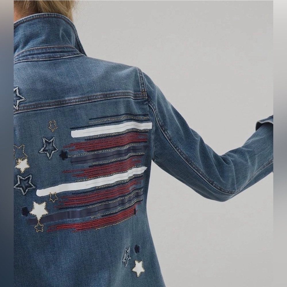 CHICO'S Medium Blue Denim Jacket with flag embroidery size S - Picture 3 of 15